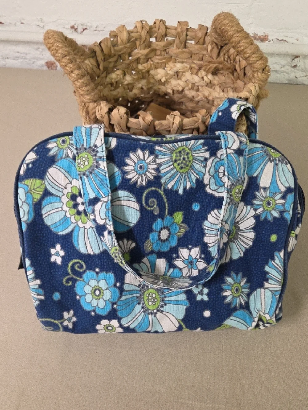 Thirty One Navy Floral Cotton Makeup Case with Blue & Green Accents